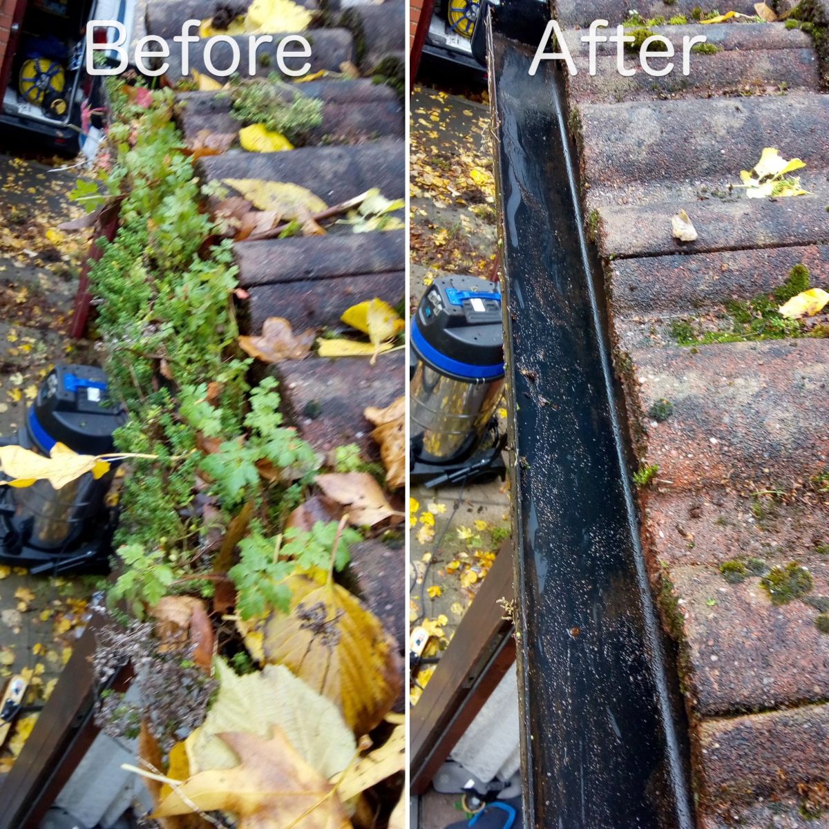 Before and after image of gutter cleaning by LDM Services